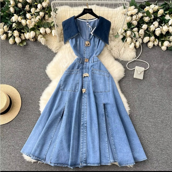 Dresses & Skirts - Stylish Blue Denim Dress with Button Details